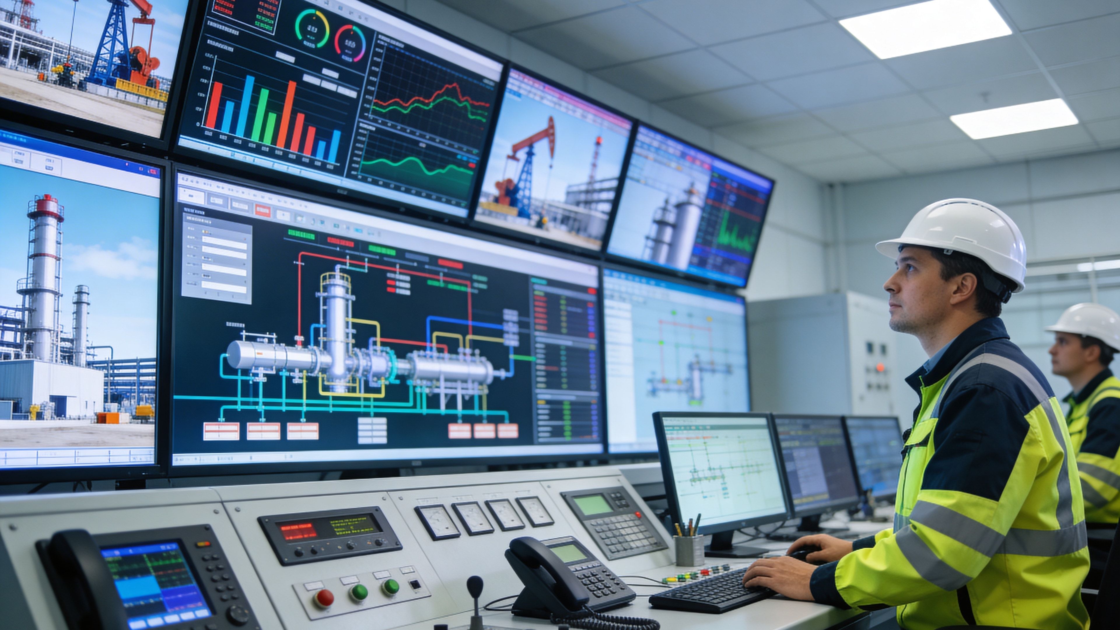Operario en una sala de control industrial supervisando los sistemas de planta