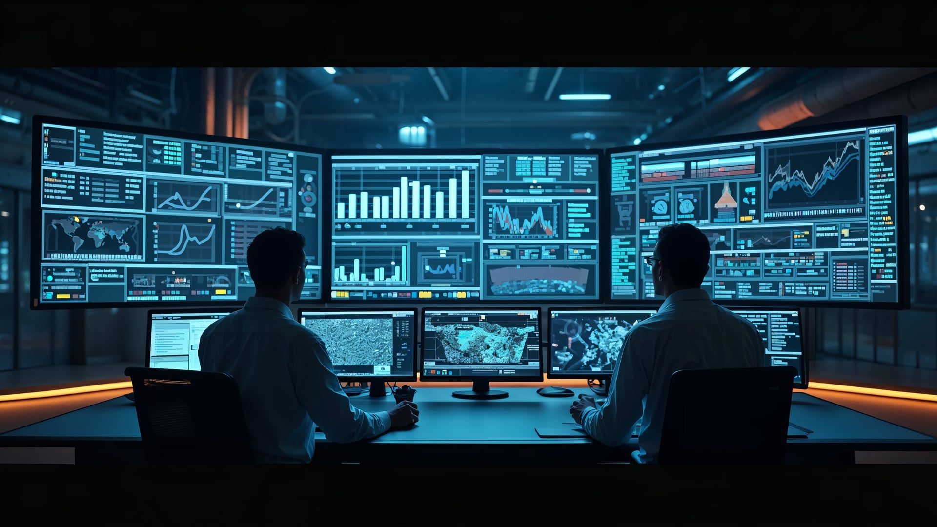Sala de control industrial con sistemas SCADA monitorizando telemetría de planta