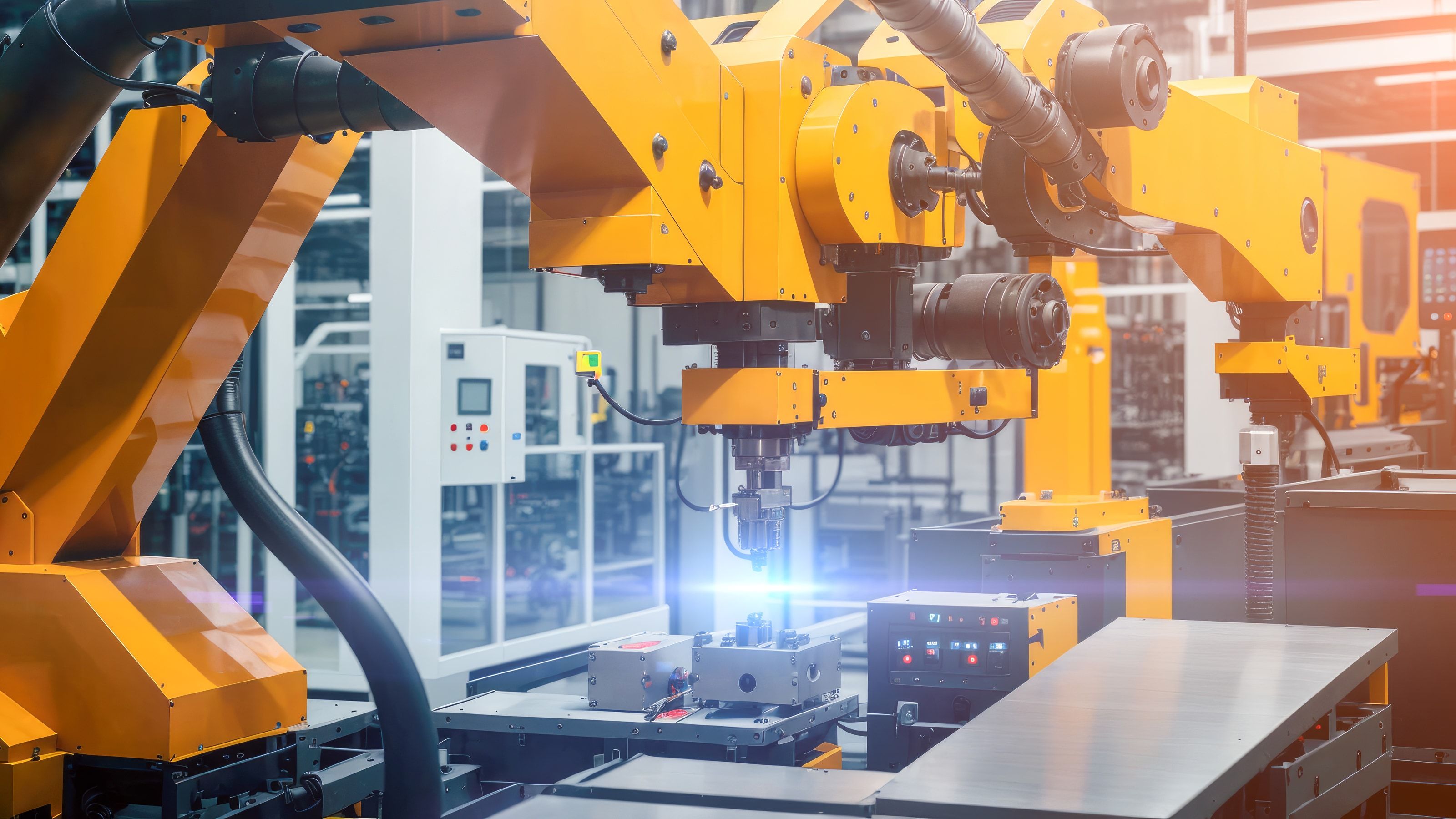 Nave de producción industrial con brazos robóticos y armario de control de automatización